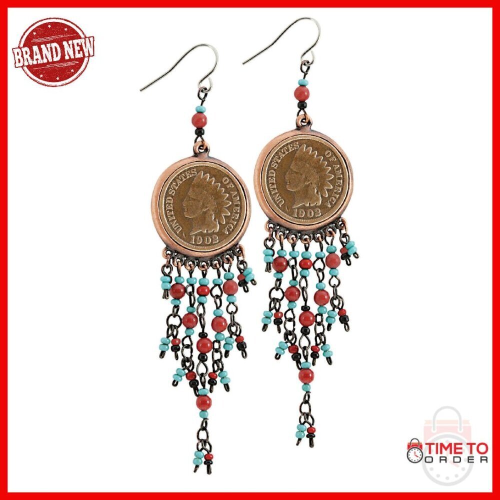 Copper Indian Head Penny Drop Earrings, 3.25 Inches Long